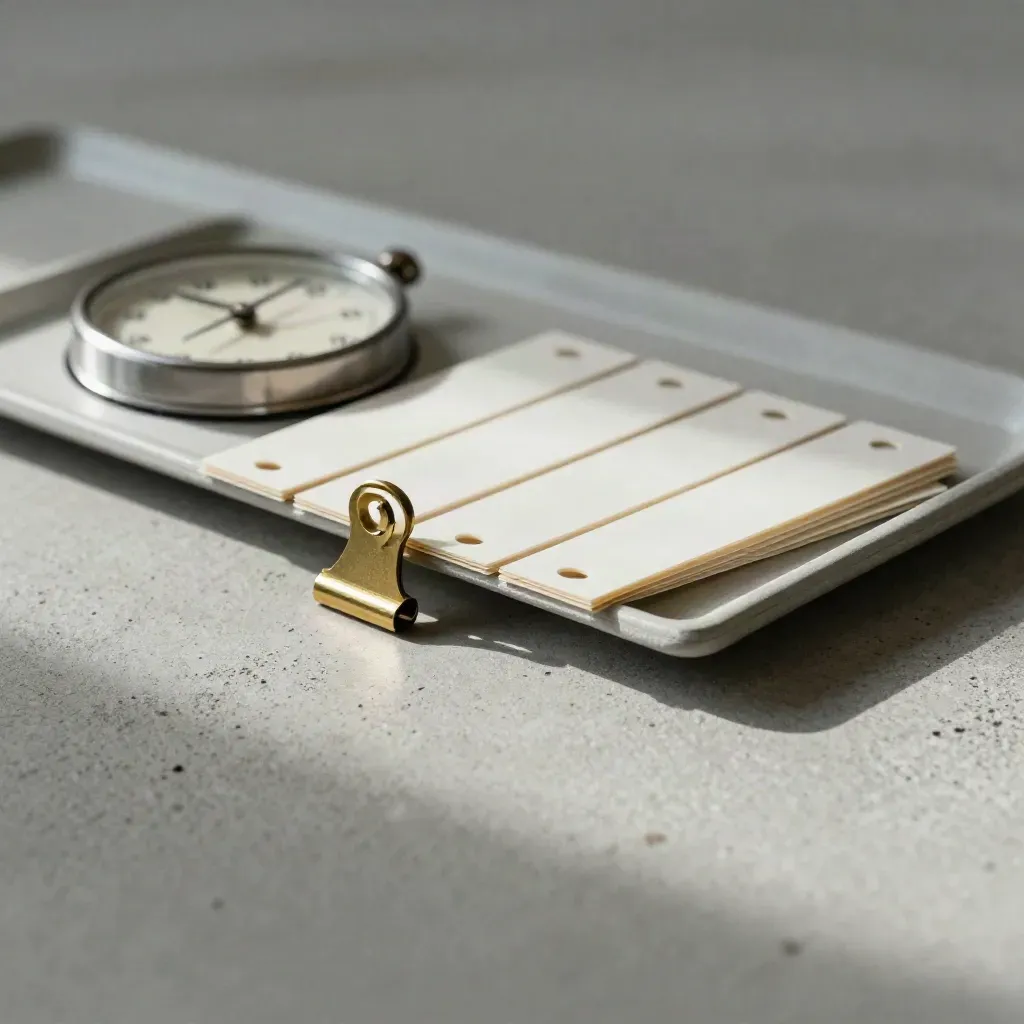 Weekly reset tray with seven tabs, a pocket timer, and brass clip on matte concrete.