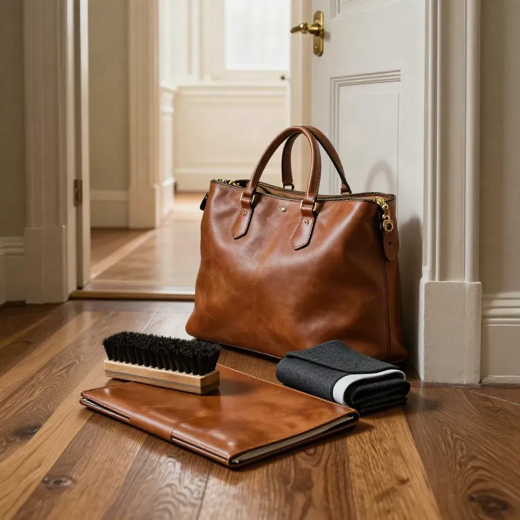 Leather folio and work bag by a bright doorway with a shoe brush and blazer cuff.