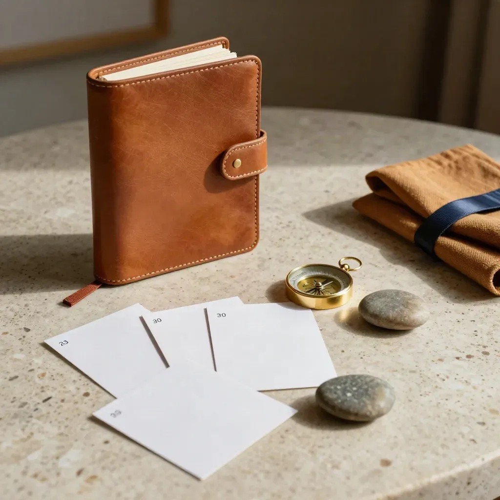 Leather goal journal, face-down route cards, brass compass and river stones on pale stone by a window.