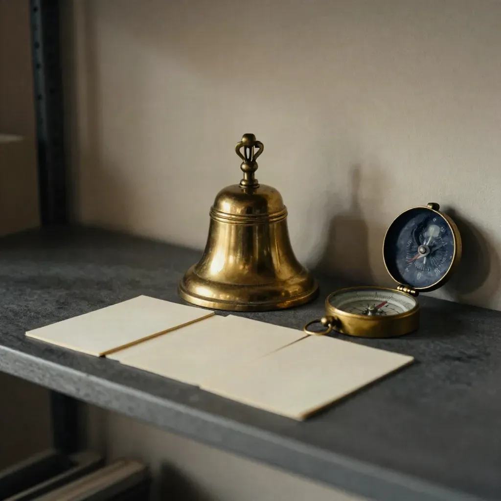 Brass bell, face-down cue cards and compass on a charcoal shelf in moody side light.