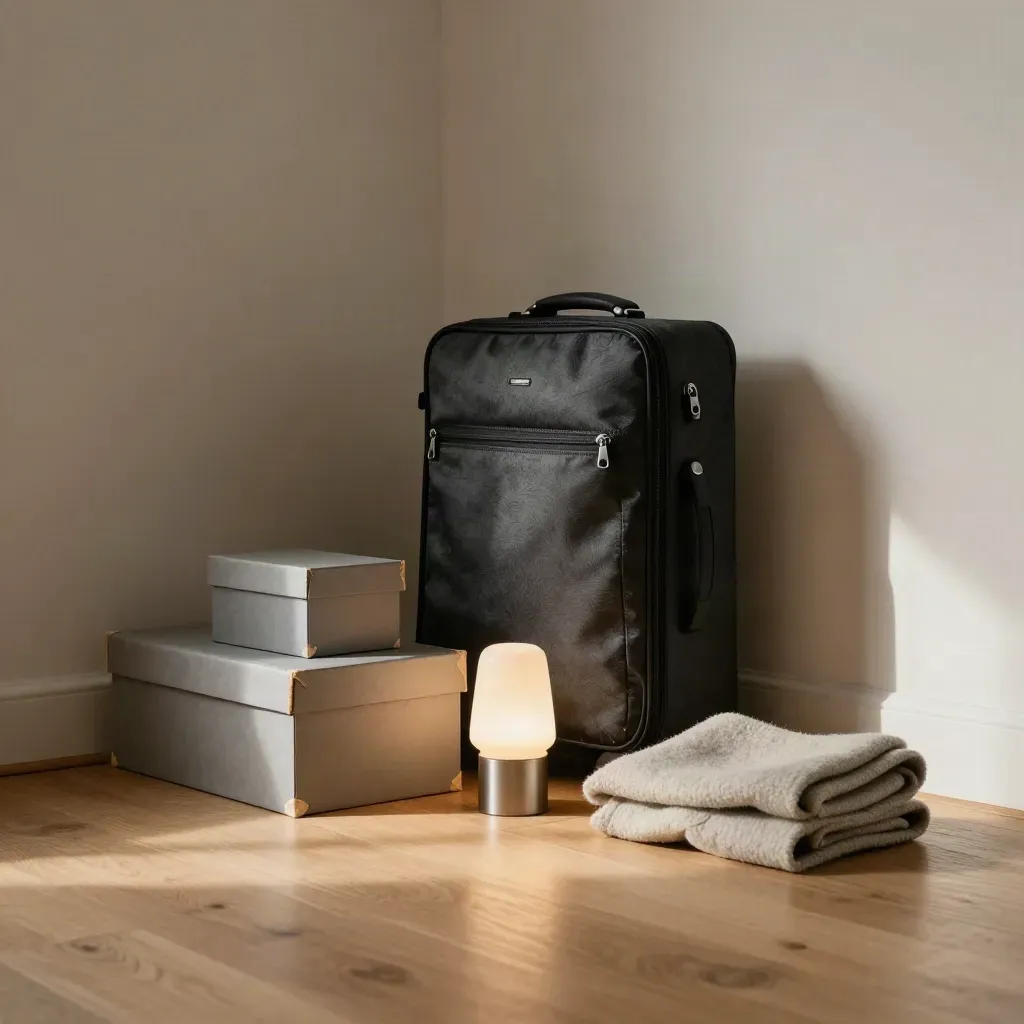 Packed studio corner with sealed boxes, a zipped carry-on, and a glowing lamp on an oak floor.
