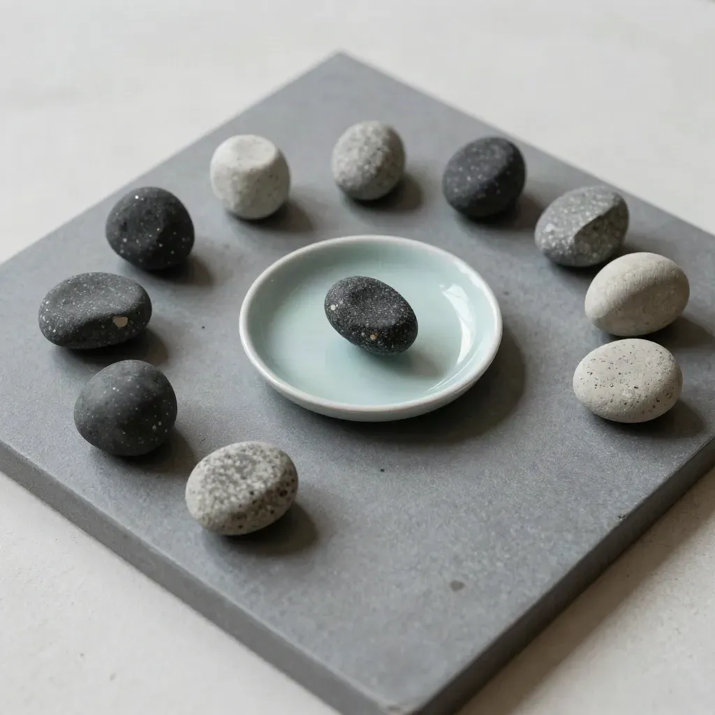 Top-down planning board with stone markers landing into a mint reset tray.