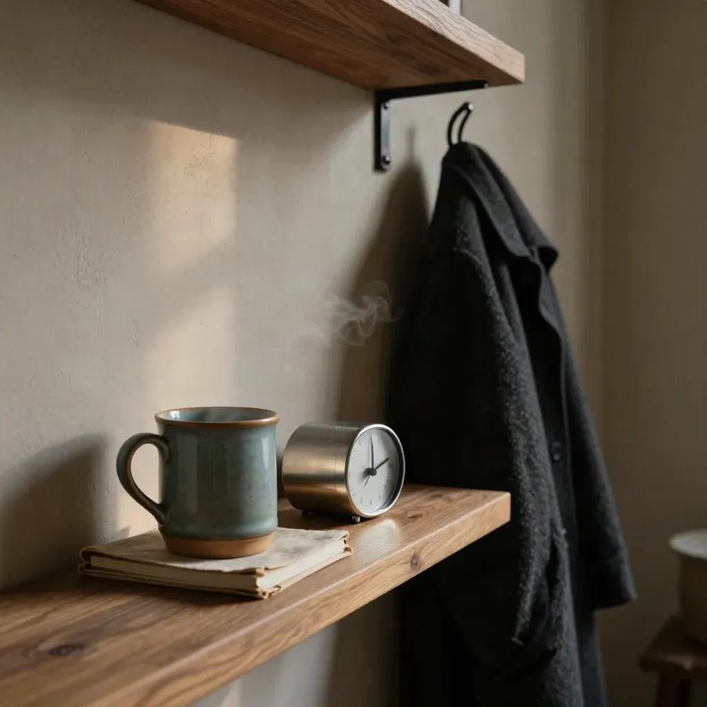 Steam curls beside a timer, mug, notebooks and coat hook on a moody morning shelf.
