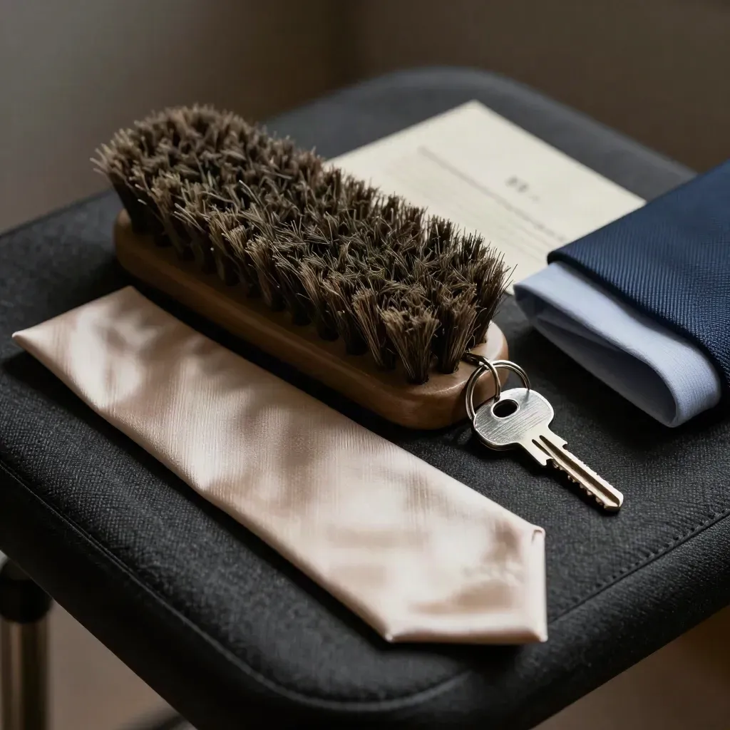Macro still life of a shoe brush, folded tie, key ring and sleeve on charcoal cloth