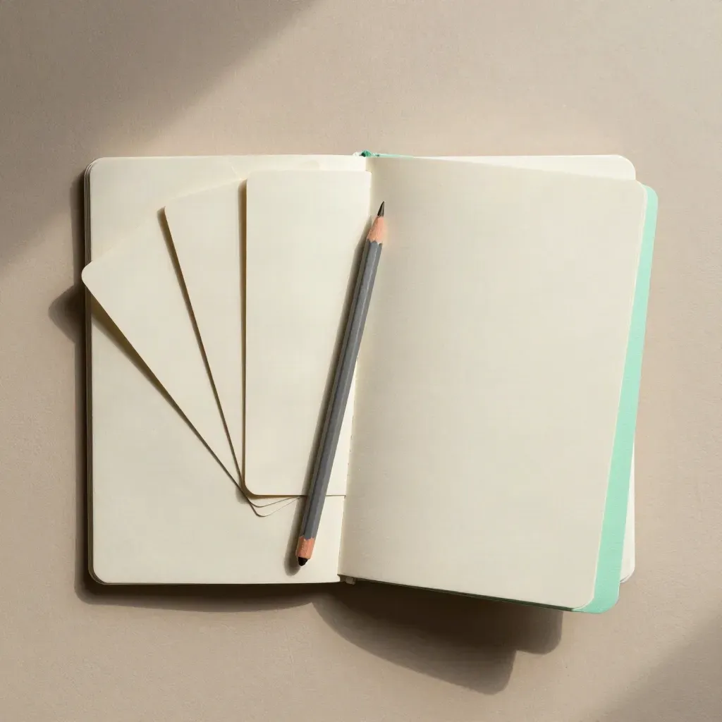 Top-down still life of notebook, blank cards, pencil and folio on warm plaster.