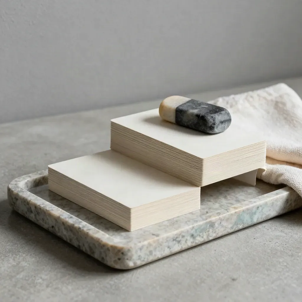 Stone tray with blank cards, eraser and paperweight aligned in soft side light.