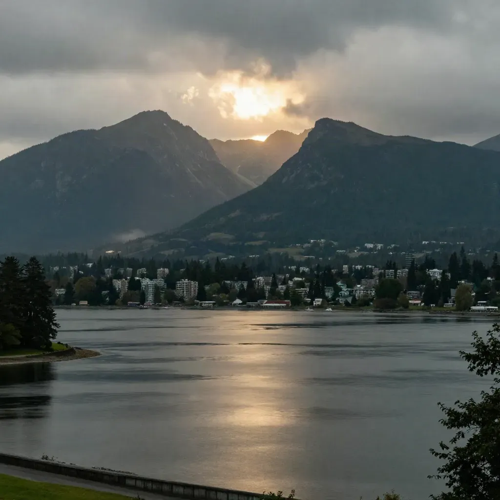 North Shore mountains over Vancouver harbour at sunset after drizzle, hazy open water below.